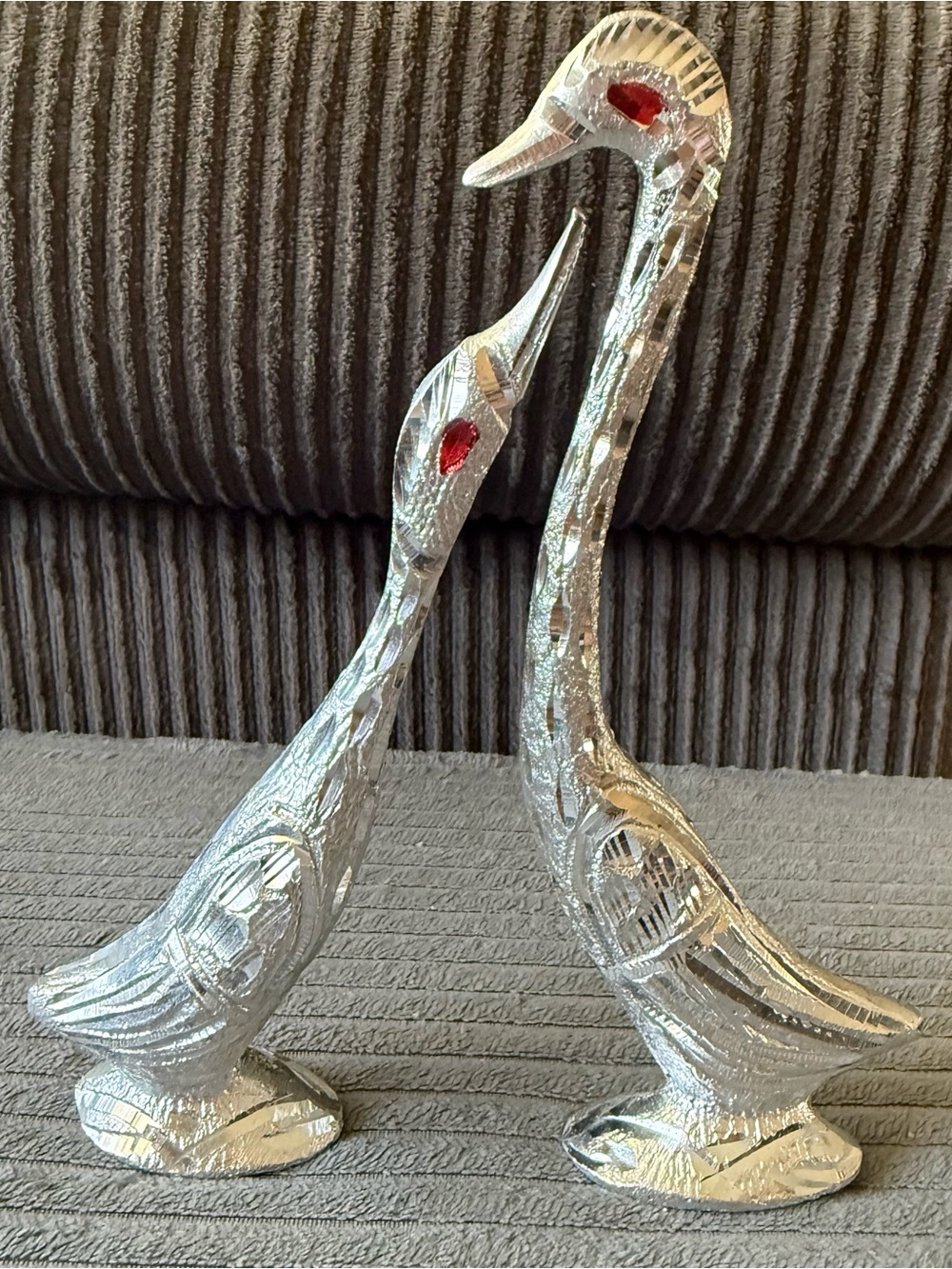 Vintage Silver Plated Metal Goose Swan Pair Red Eye Accents Bird Decor Sculpture